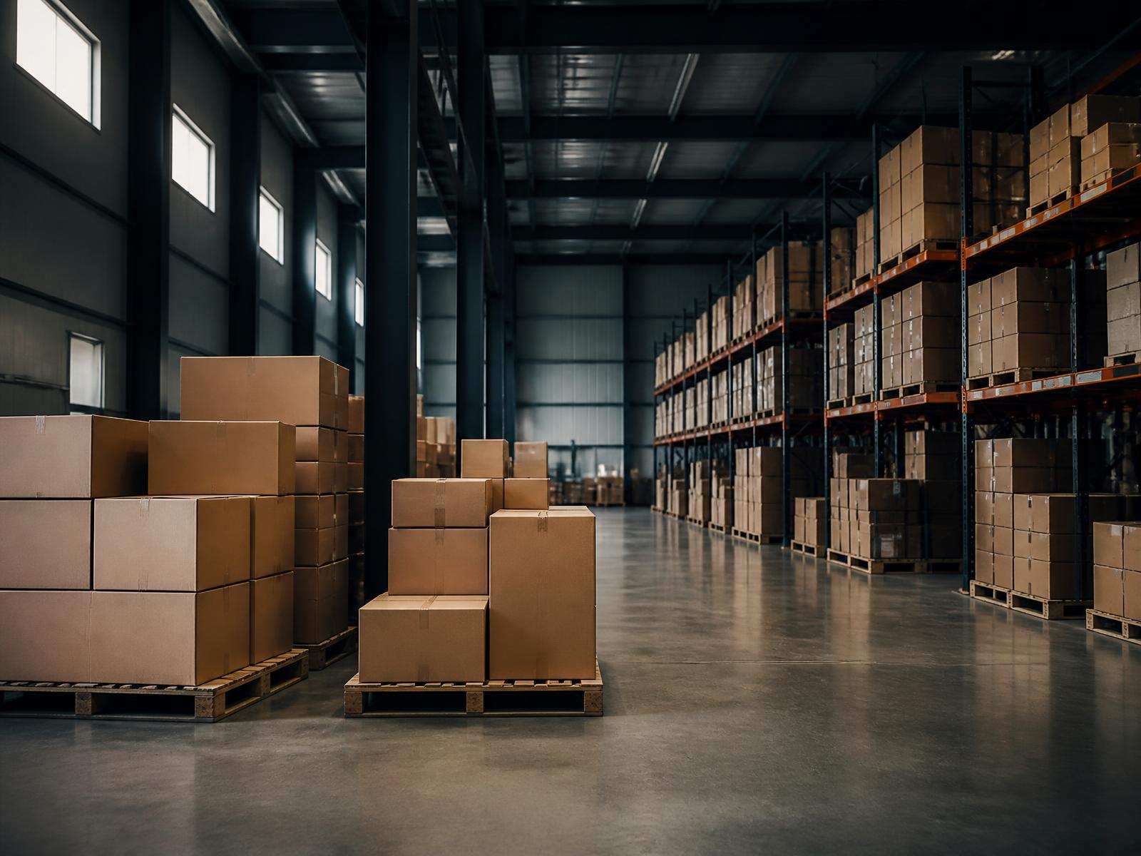 Warehouse racking and palletised cartons at the Impression Trading facility