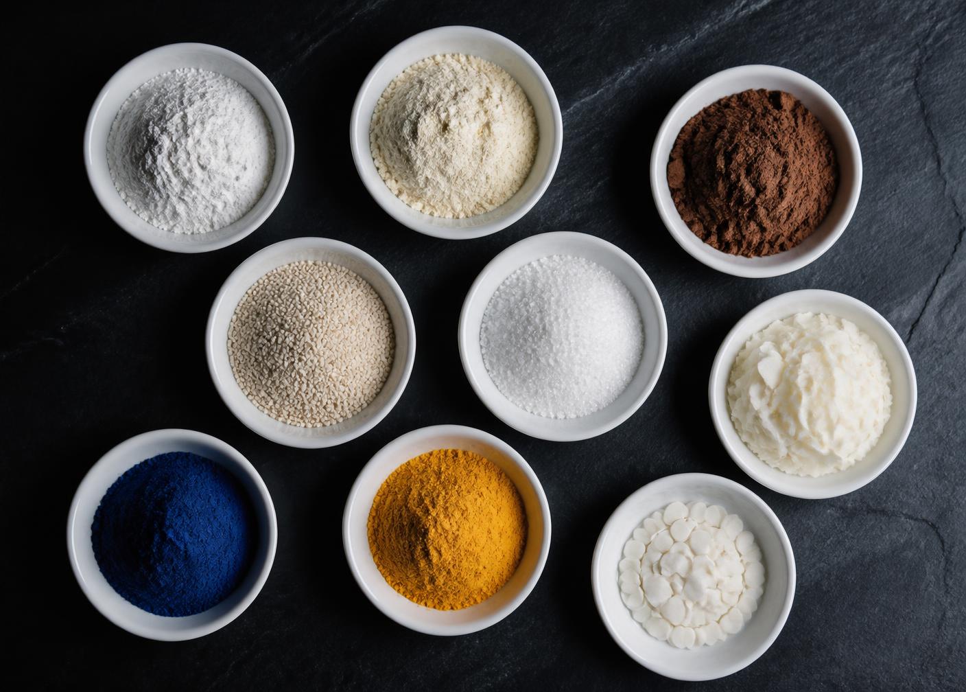 Food ingredient raw materials in laboratory dishes: powders, granules and pigments